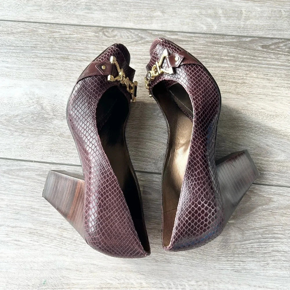 Santa Lolla Wine Snakeskin Embossed Leather Open Toe Pumps - Picture 10 of 12